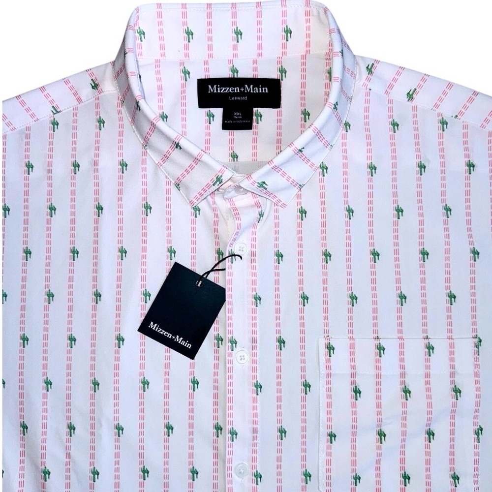 Mizzen + Main Mens XXL‎ Trim Leeward Short Sleeve Rose Cactus Stripe Shirt NWT